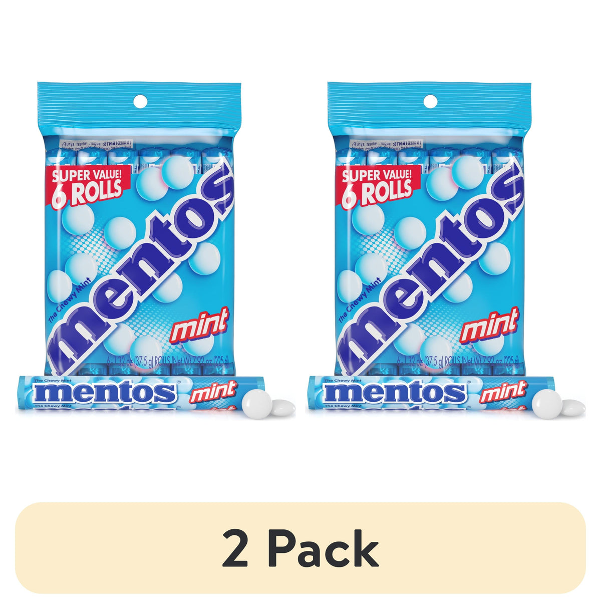 Mentos Peppermint Chewy Mint Candy Roll, 1.32 oz (2 pack)